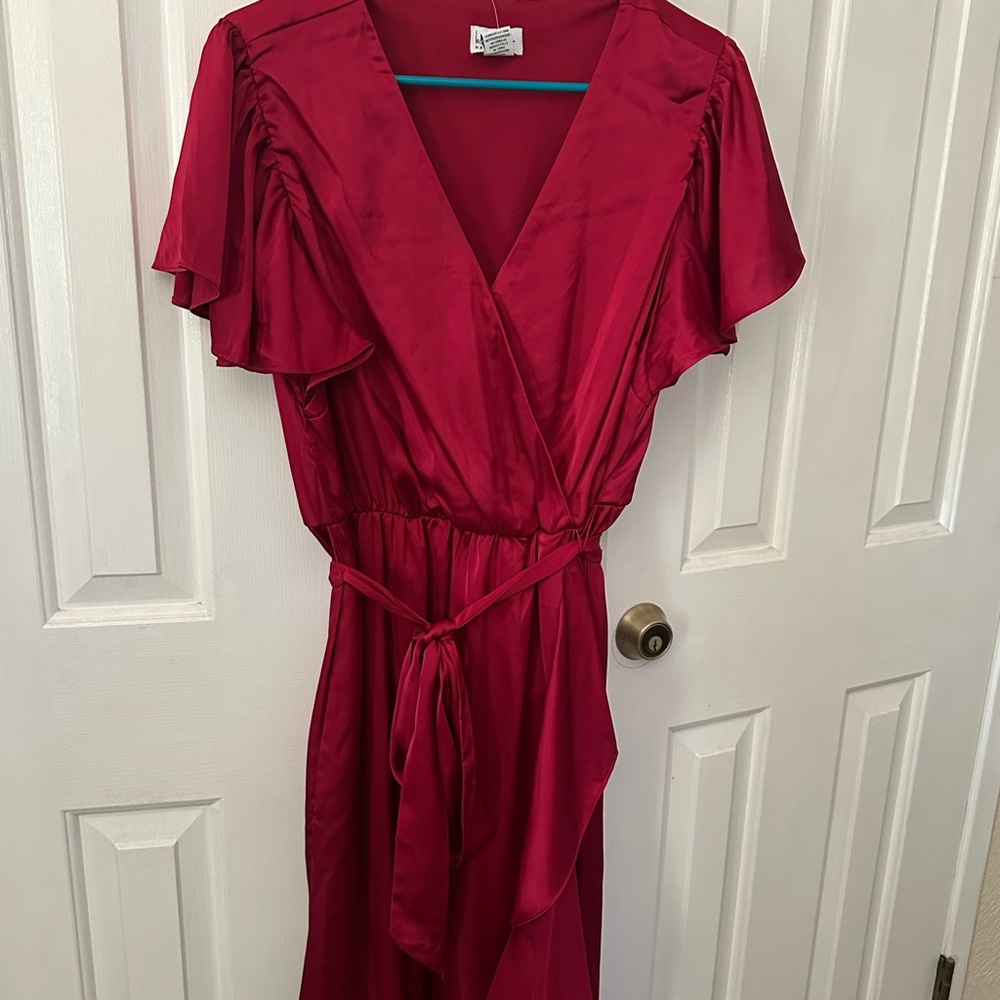 Nicole Miller Red Wrap Midi Dress with Flutter Sleeves